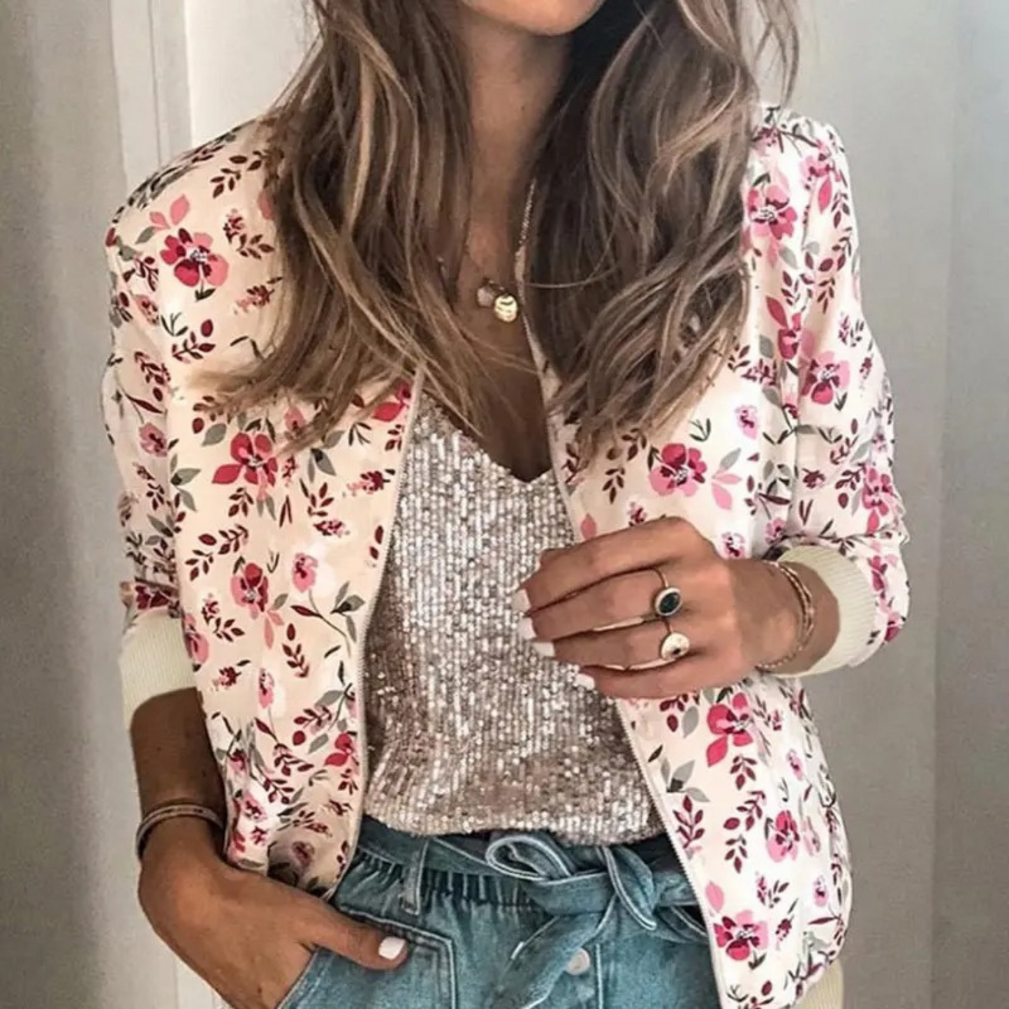 WW | Bomber Jacket Summer Jacket with Floral Pattern and Zipper for Women