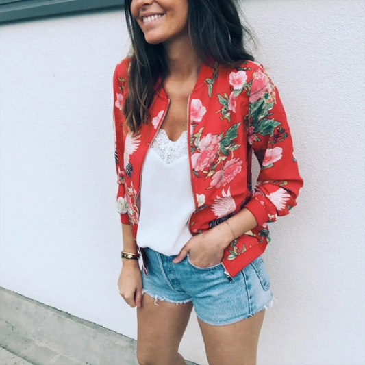 WW | BomberJacke Sommerjacke mit Blumenmuster und Reißverschluss für Damen