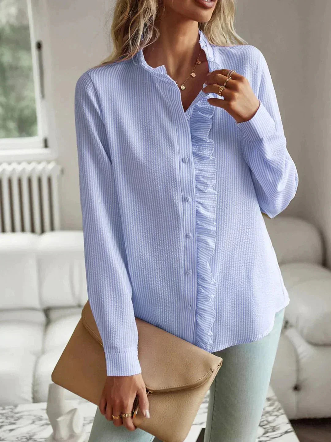 WW | Rüschen Lange Ärmel Gestreift Button up Damen Button up Hemden