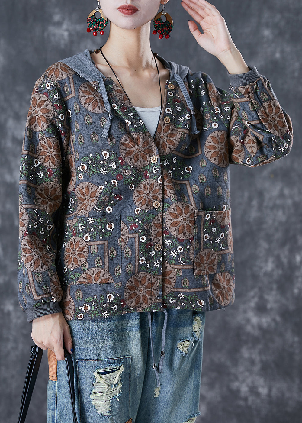 WW | Grey Patchwork Cotton Jackets Hood Print