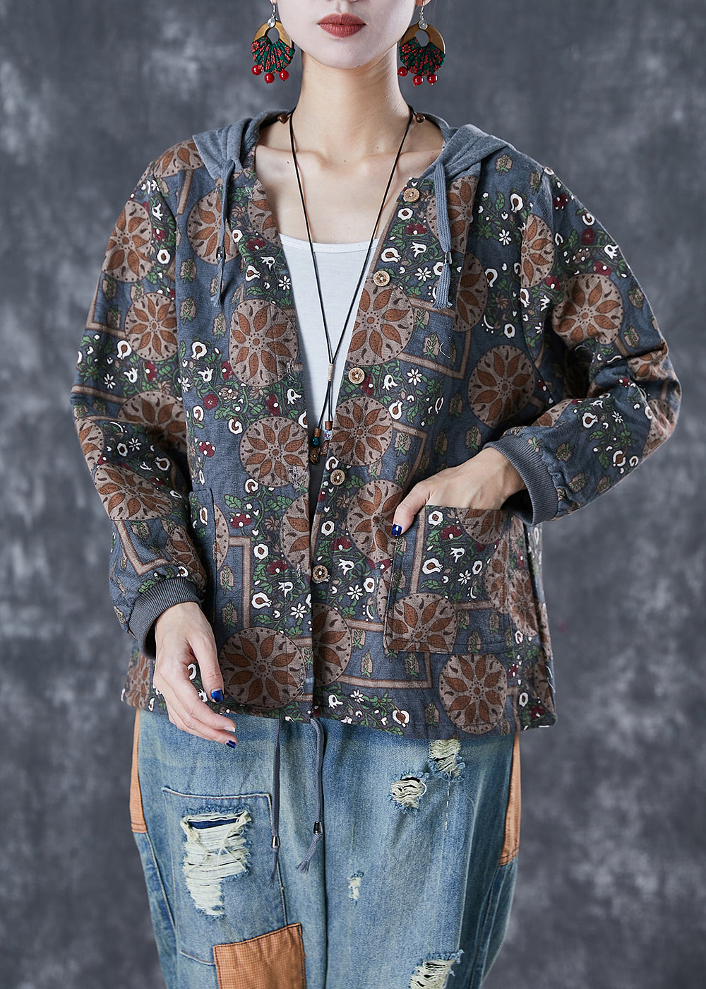 WW | Grey Patchwork Cotton Jackets Hood Print