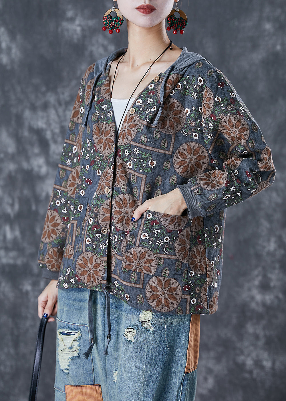 WW | Grey Patchwork Cotton Jackets Hood Print