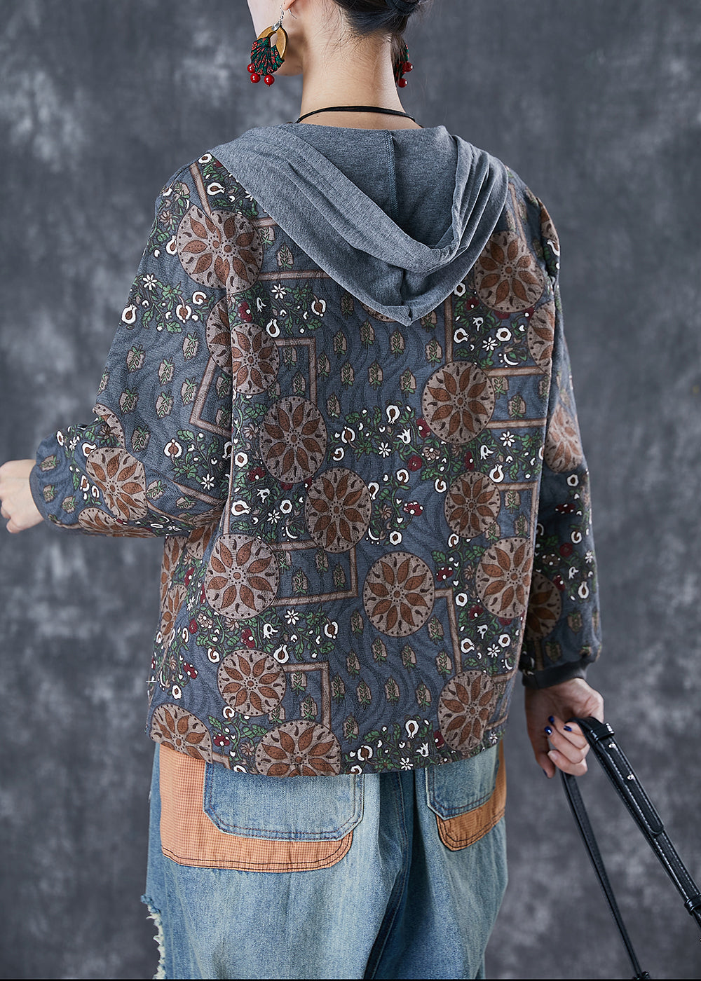 WW | Grey Patchwork Cotton Jackets Hood Print