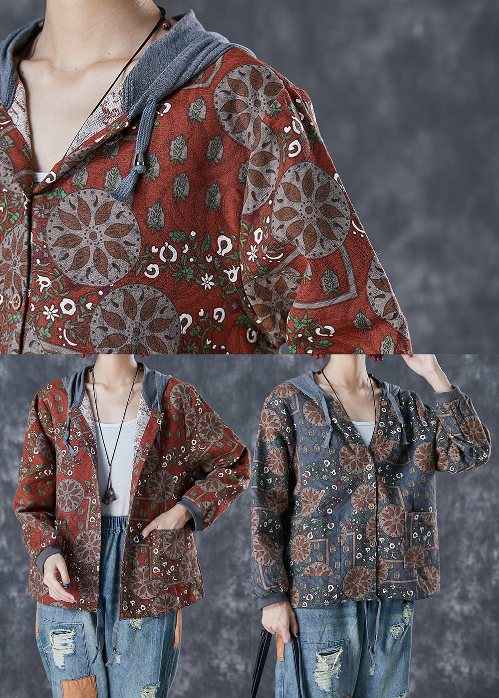 WW | Grey Patchwork Cotton Jackets Hood Print