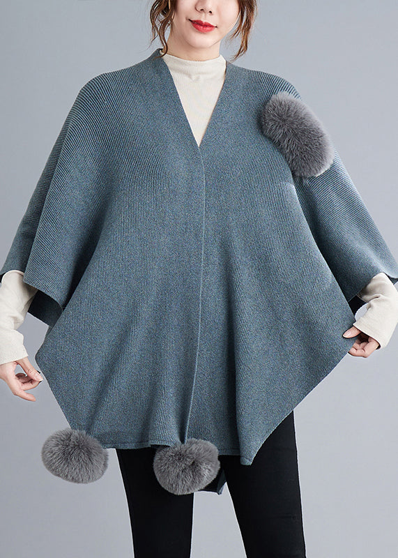 WW | Gray Patchwork Knit Cape Coat With Fluffy Pom-Pom Asymmetrical