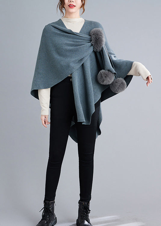 WW | Gray Patchwork Knit Cape Coat With Fluffy Pom-Pom Asymmetrical