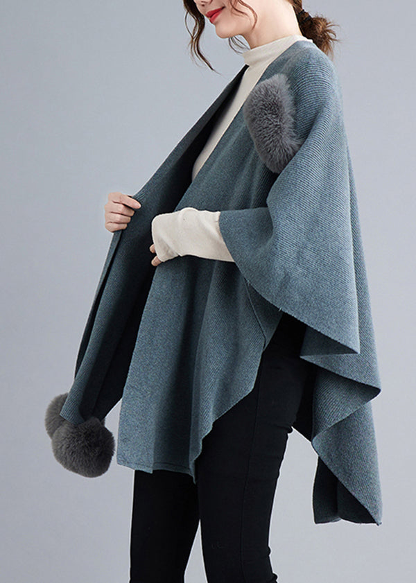 WW | Gray Patchwork Knit Cape Coat With Fluffy Pom-Pom Asymmetrical