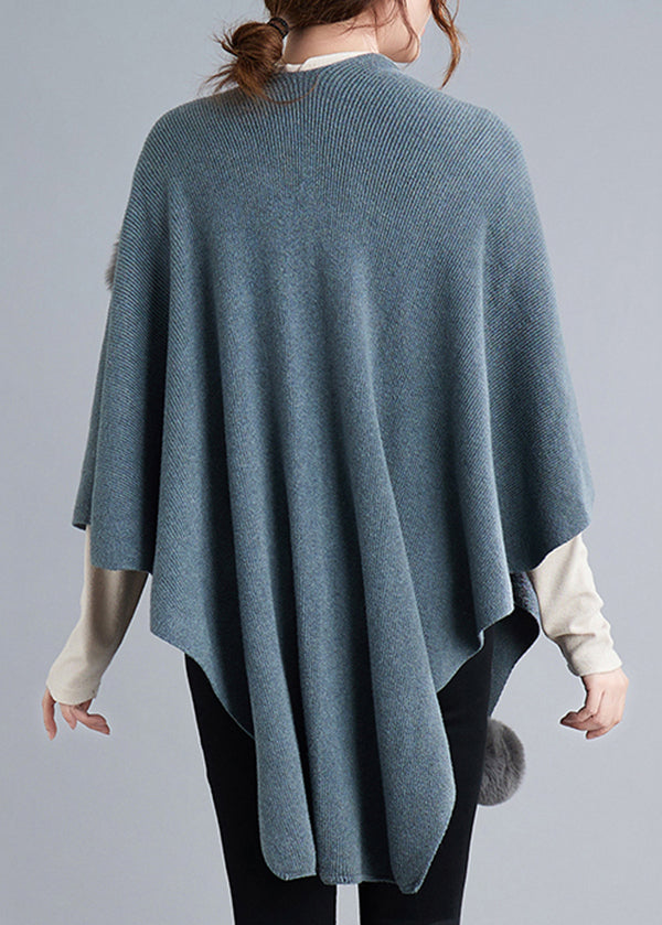 WW | Gray Patchwork Knit Cape Coat With Fluffy Pom-Pom Asymmetrical