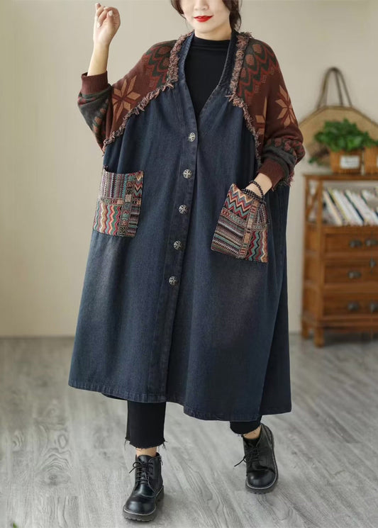 WW | Taschen Patchwork Denim Lange Mäntel V-Ausschnitt