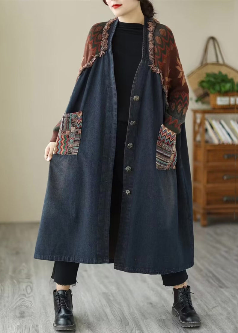WW | Patchwork Denim Long Coats V-Neck