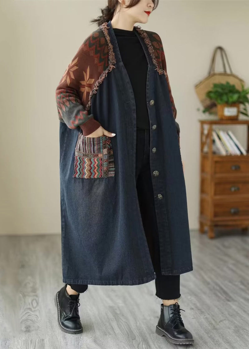 WW | Patchwork Denim Long Coats V-Neck