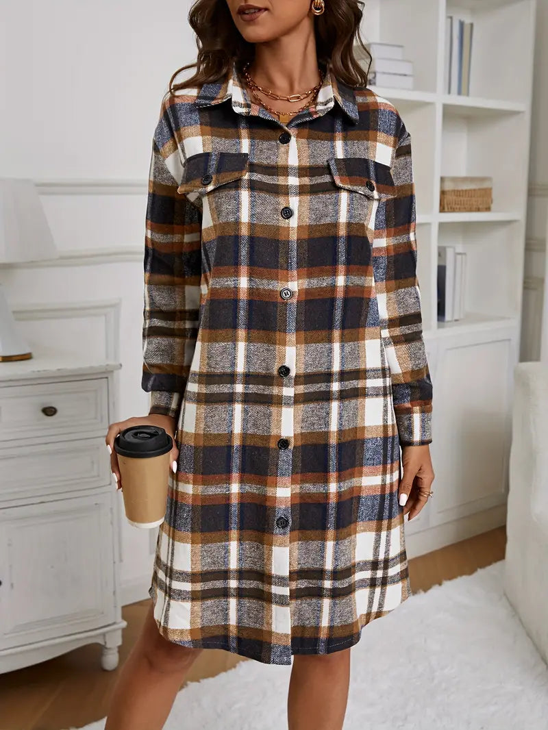 WW | Fashionable Long-Sleeved Jacket with Plaid Pattern and Button Placket