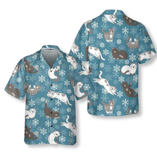 WW | Blue Snowflakes Cute Kittens Hawaiian Shirt, Funny Christmas Aloha Shirt
