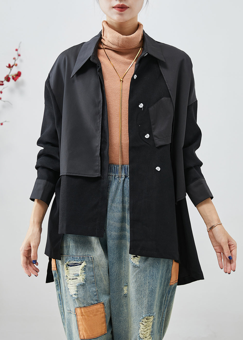 WW | Black asymmetrical cotton patchwork jackets with open back