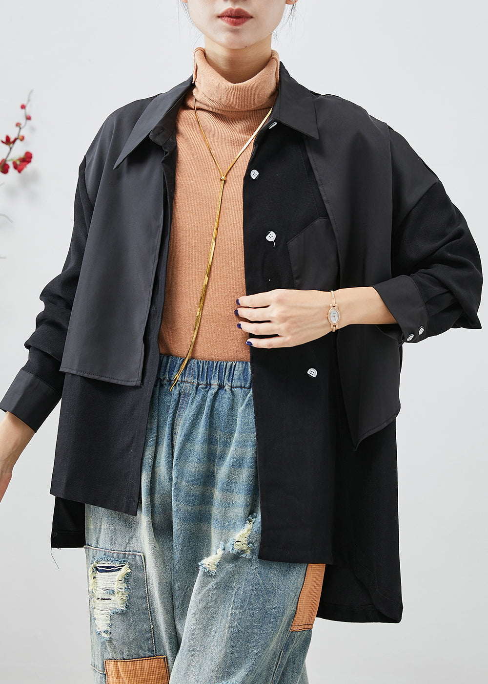 WW | Black asymmetrical cotton patchwork jackets with open back
