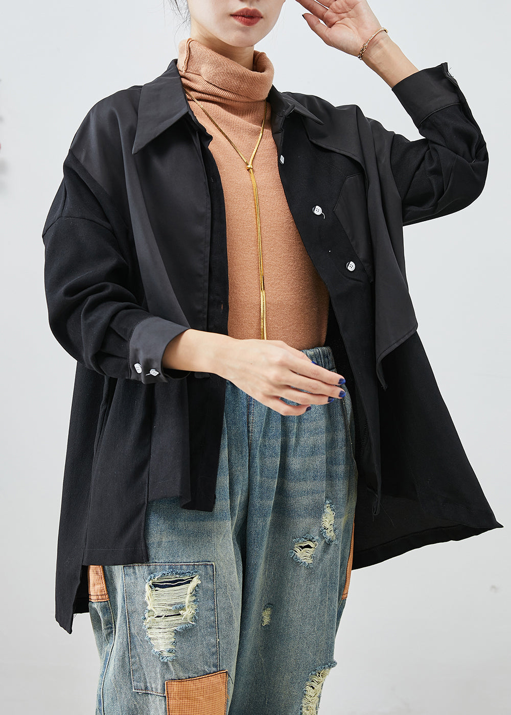 WW | Black asymmetrical cotton patchwork jackets with open back