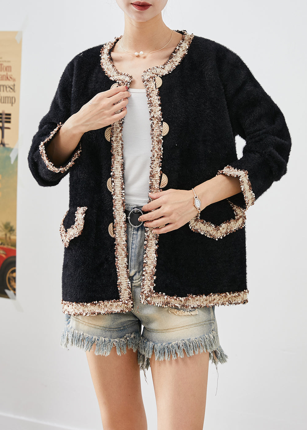 WW | Black Double-Breasted Patchwork Minky Velour Coats