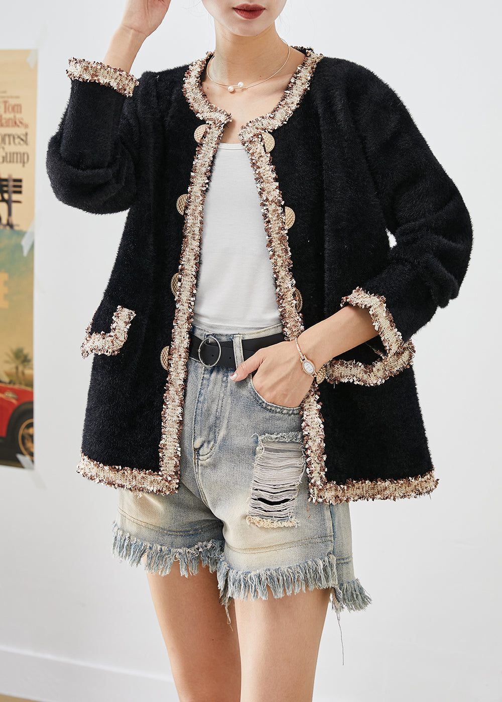 WW | Black Double-Breasted Patchwork Minky Velour Coats