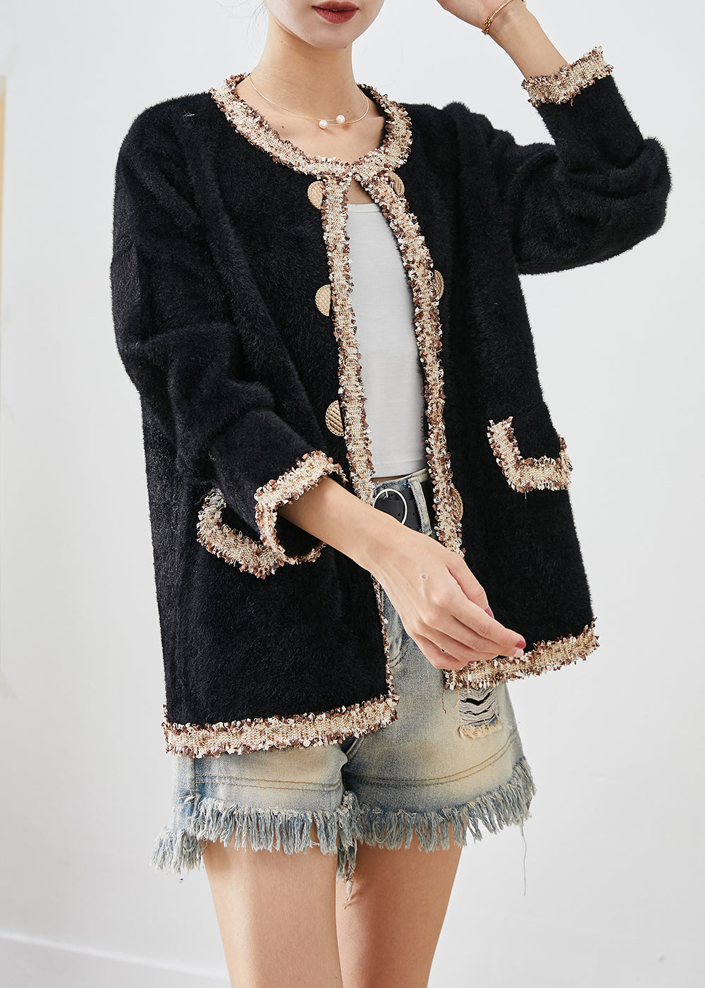 WW | Black Double-Breasted Patchwork Minky Velour Coats