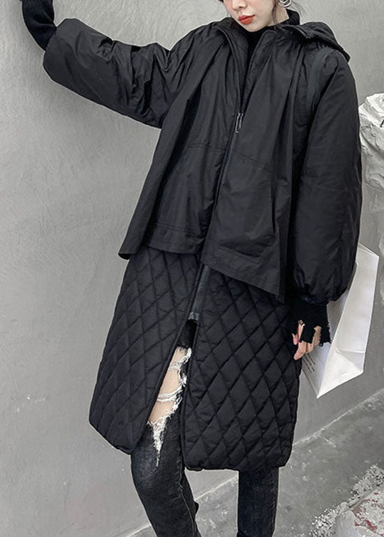 WW | Black Hooded Plaid Patchwork Fine Cotton-Filled Winter Coats