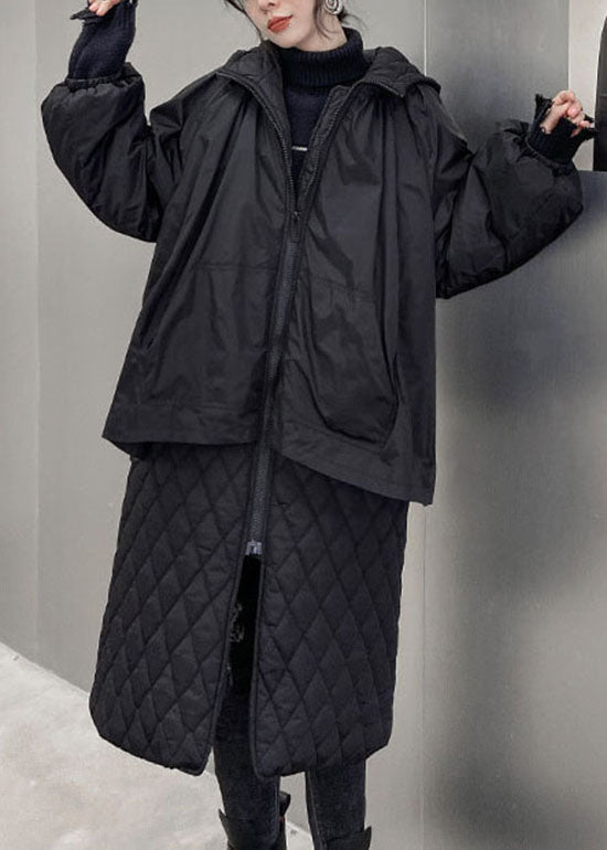 WW | Black Hooded Plaid Patchwork Fine Cotton-Filled Winter Coats