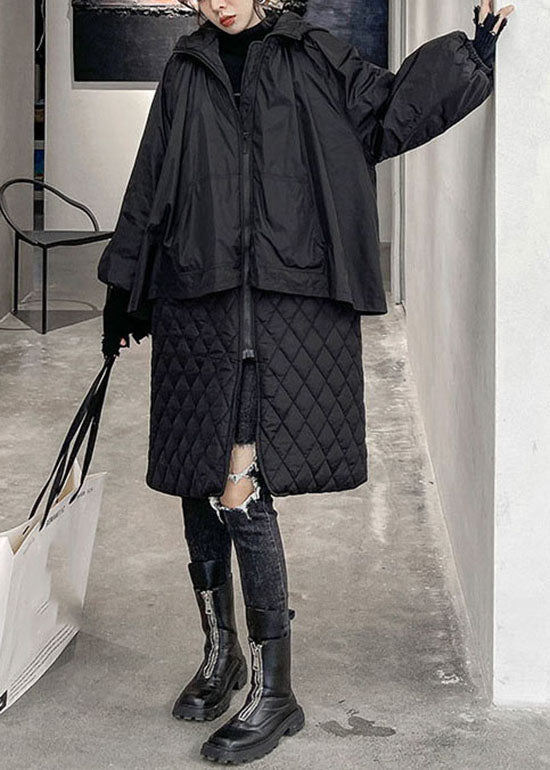 WW | Black Hooded Plaid Patchwork Fine Cotton-Filled Winter Coats
