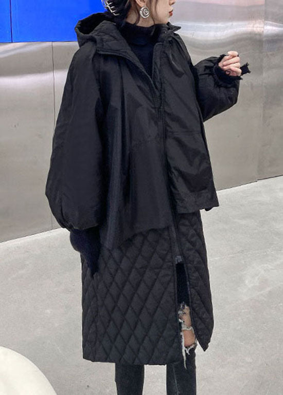 WW | Black Hooded Plaid Patchwork Fine Cotton-Filled Winter Coats