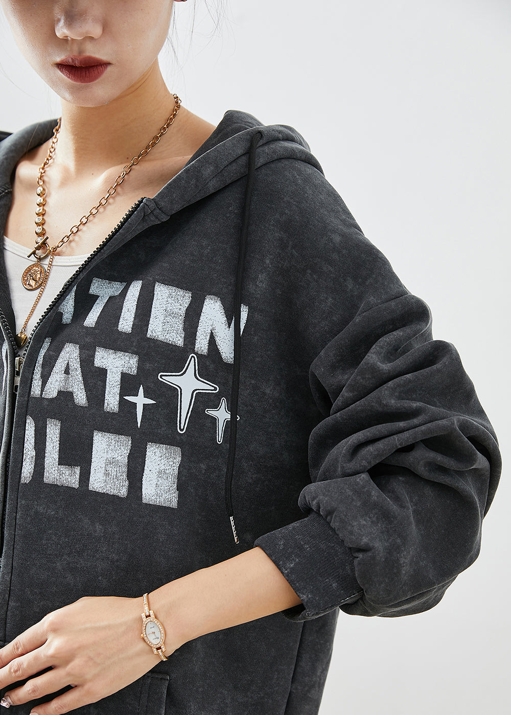 WW | Black Tie-Dye Letter Print Cotton Coats