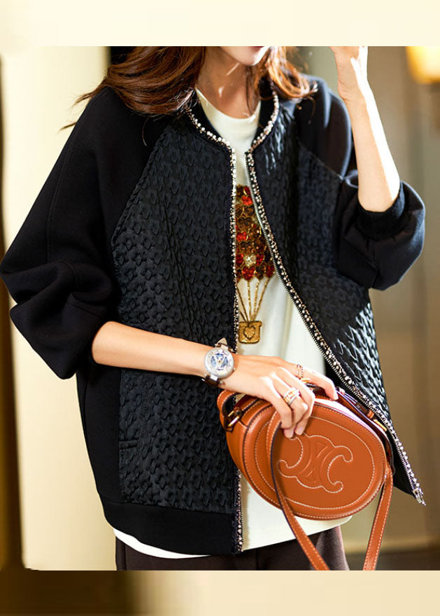 WW | Black Zip Patchwork Nail Bead Coats Long Sleeve