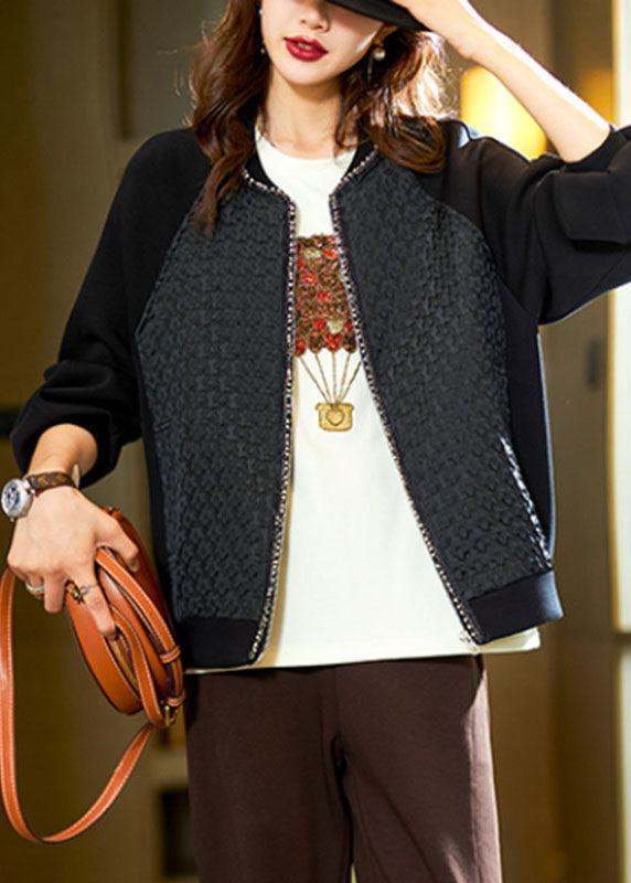 WW | Black Zip Patchwork Nail Bead Coats Long Sleeve