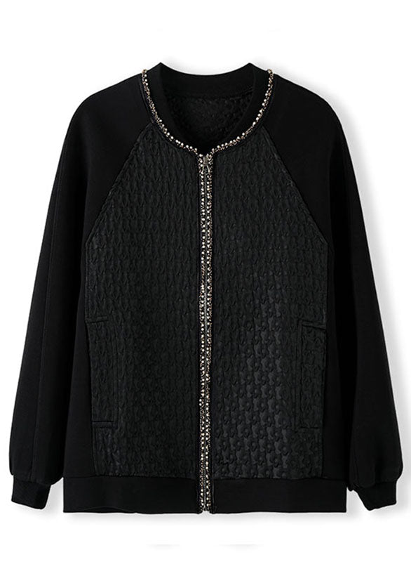 WW | Black Zip Patchwork Nail Bead Coats Long Sleeve