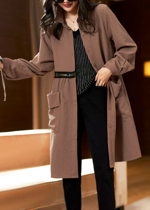 WW | Coffee Peter Pan Collar Pockets Plaid Patchwork Long Coats Long Sleeves