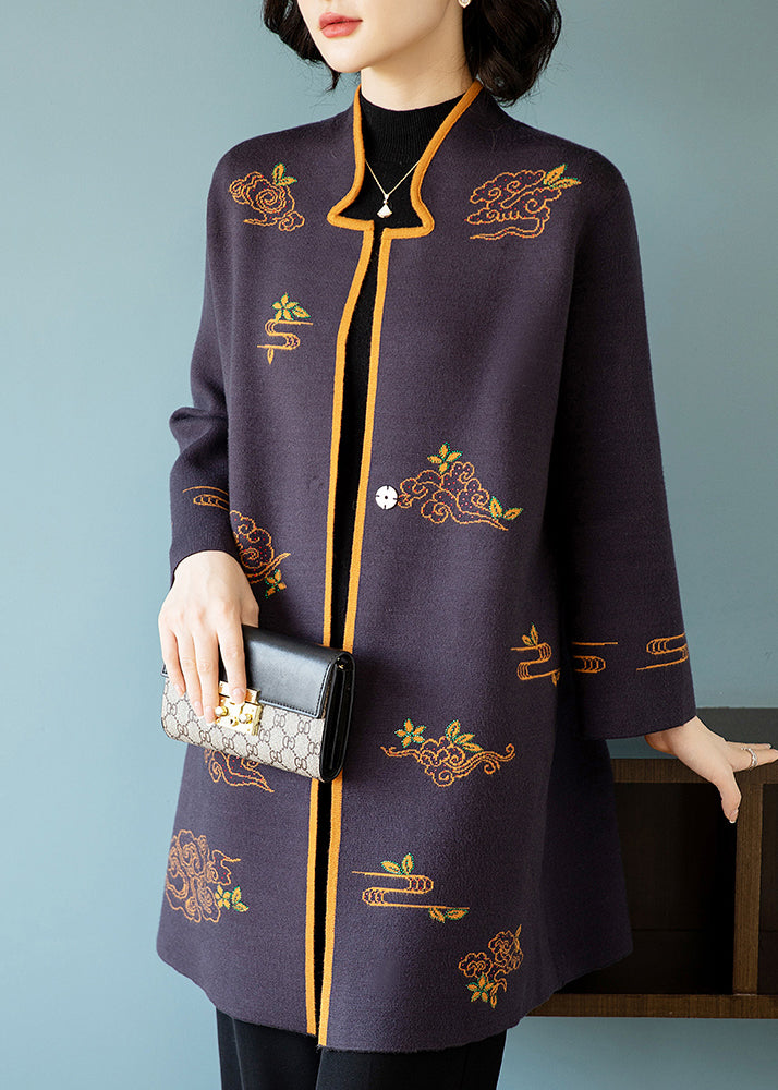 WW | Dark Purple Stand-Up Collar Embroidered Patchwork Wool Coats