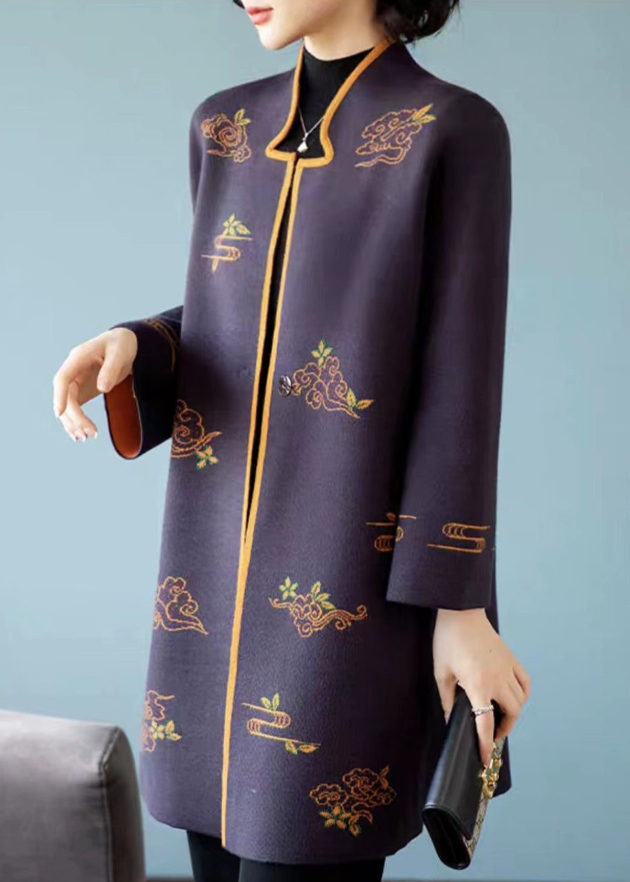 WW | Dark Purple Stand-Up Collar Embroidered Patchwork Wool Coats