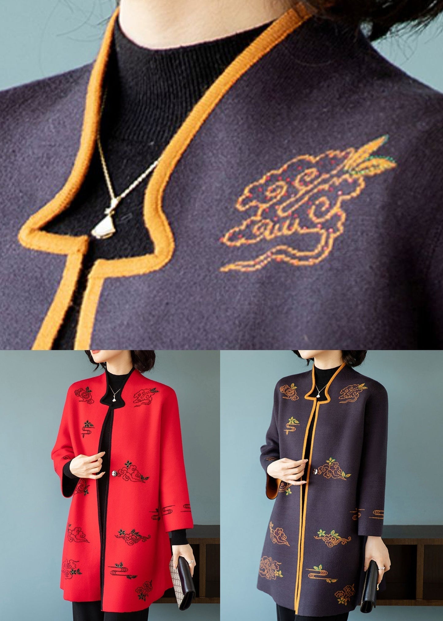 WW | Dark Purple Stand-Up Collar Embroidered Patchwork Wool Coats