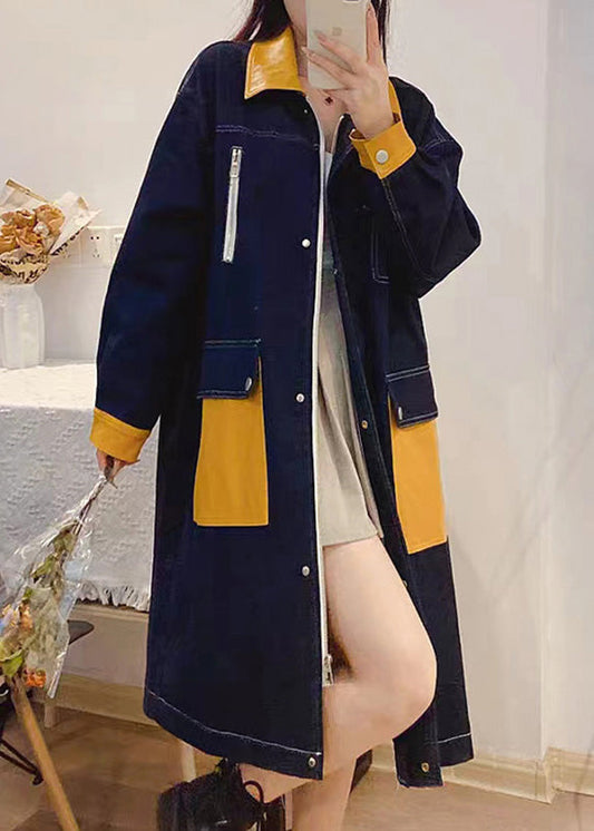WW | Denim Blau Peter Pan Kragen Patchwork Reißverschluss Knopf Leinen Lange Trenchcoats