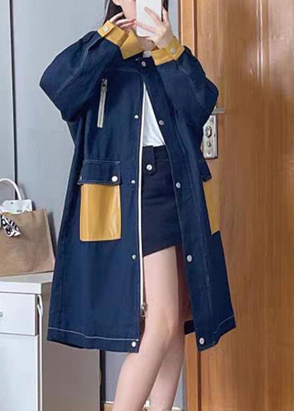 WW | Denim Blue Peter Pan Collar Patchwork Zipper Button Linen Long Trench Coats