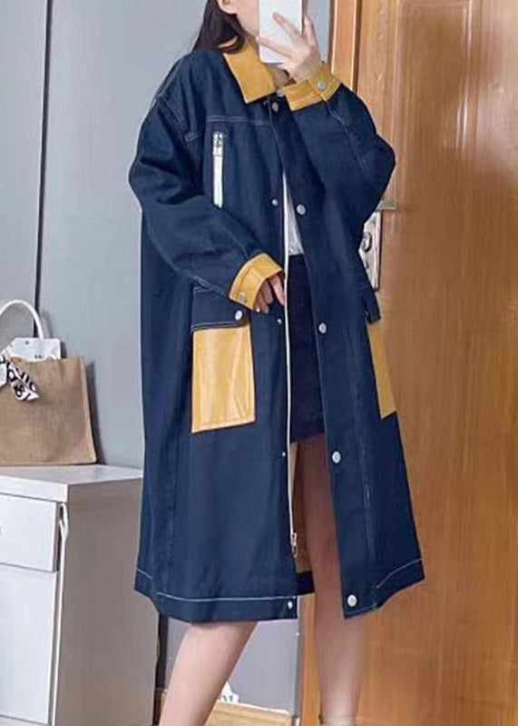 WW | Denim Blue Peter Pan Collar Patchwork Zipper Button Linen Long Trench Coats