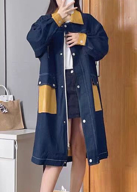 WW | Denim Blue Peter Pan Collar Patchwork Zipper Button Linen Long Trench Coats