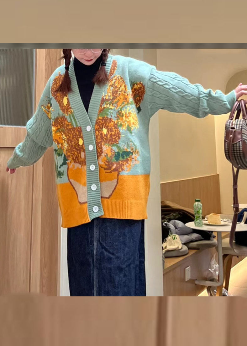 WW | Green Floral Button Cotton Knit Cardigan Coats