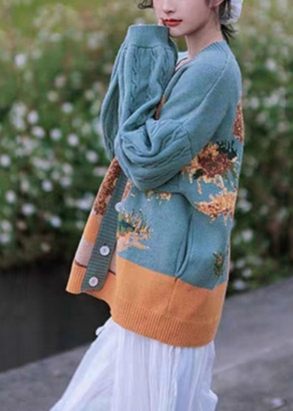 WW | Green Floral Button Cotton Knit Cardigan Coats