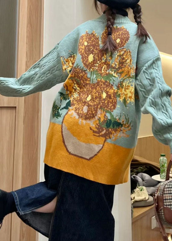 WW | Green Floral Button Cotton Knit Cardigan Coats