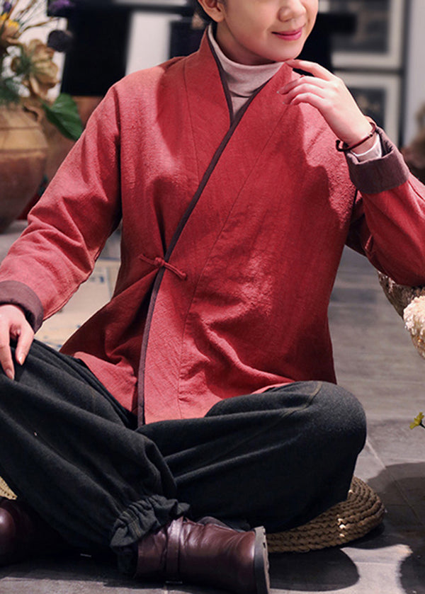 WW | Red V-neck Patchwork Fine Cotton Padded Coats Winter