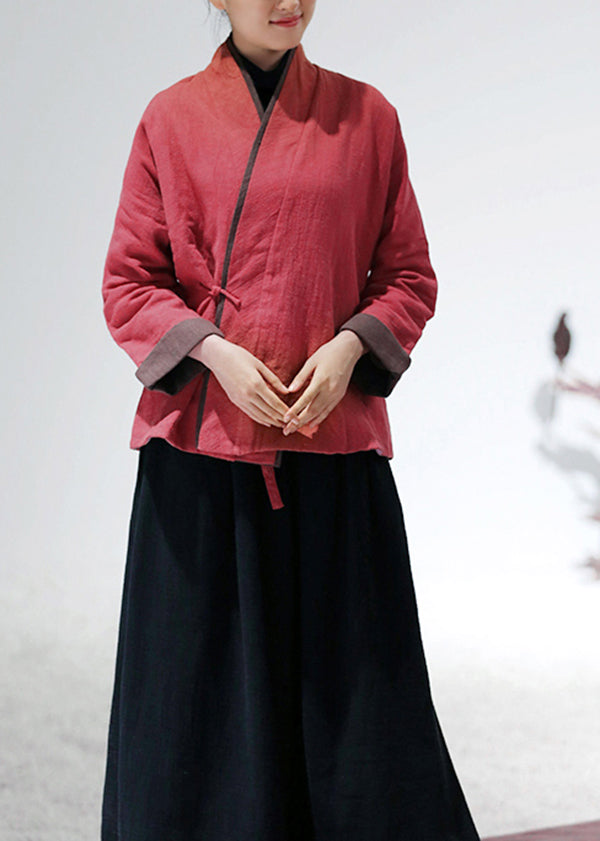 WW | Red V-neck Patchwork Fine Cotton Padded Coats Winter