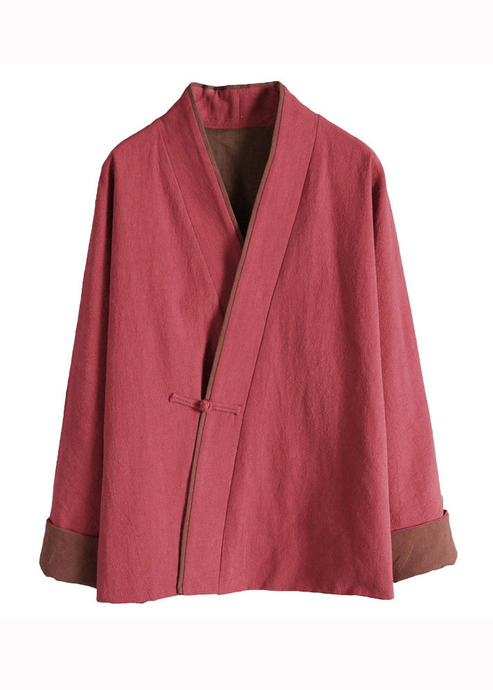 WW | Red V-neck Patchwork Fine Cotton Padded Coats Winter