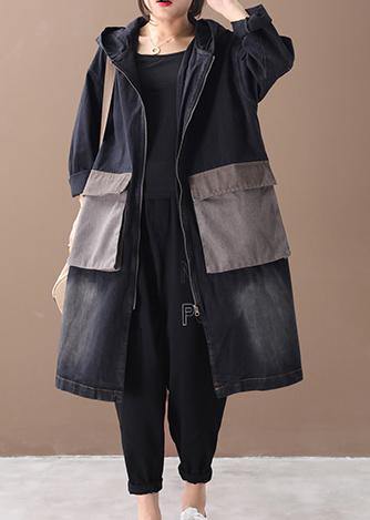 WW | Denim Black Fine Tunic Pattern Outfits with Hood Large Pockets Winter Women's Coats