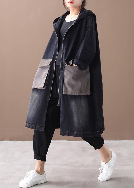 WW | Denim schwarz feine Tunika Muster Outfits mit Kapuze große Taschen Winter Damen Mäntel