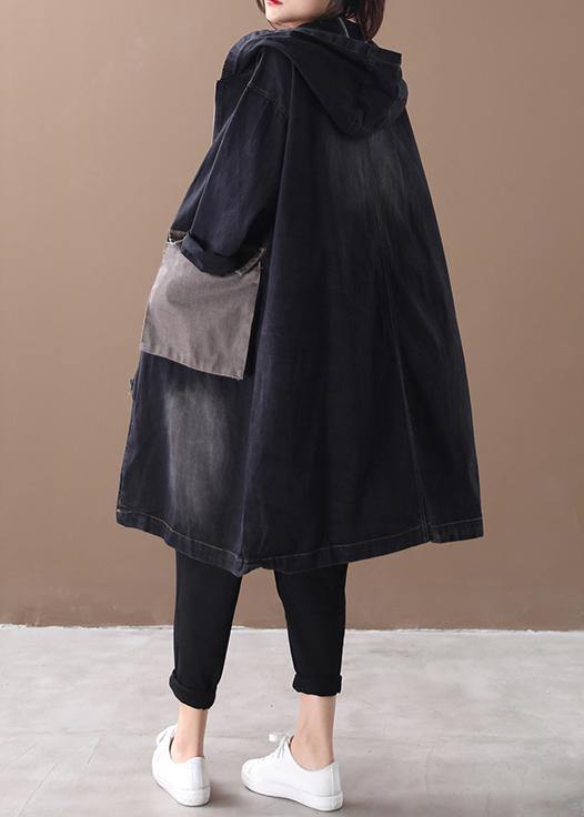 WW | Denim Black Fine Tunic Pattern Outfits with Hood Large Pockets Winter Women's Coats