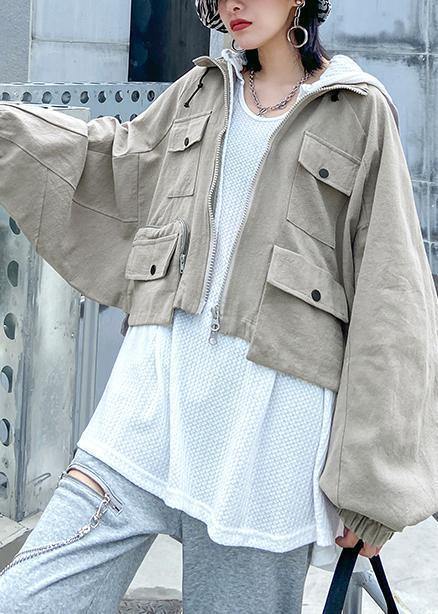 WW | Lapel Zipper Fine Coats Women Blouses Beige Art Outerwear