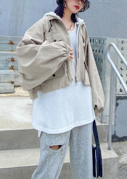 WW | Lapel Zipper Fine Coats Women Blouses Beige Art Outerwear